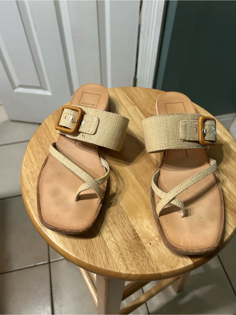 Dolce Vita Natural Beige Woven Buckle Slide Sandals